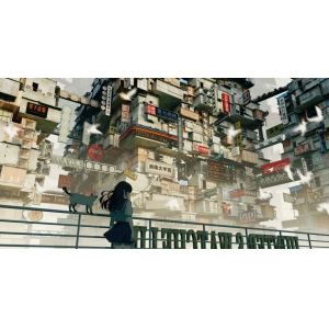 长发的女学生站立 栏杆 猫 旧城市建筑 