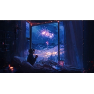 新年的夜晚,天空, 山脉,烟花,室内女孩